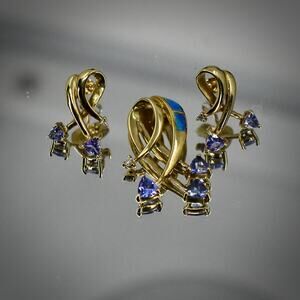 Vintage STS 10K Yellow Gold Tanzanite Opal Diamond Pendant Earrings Suite Set